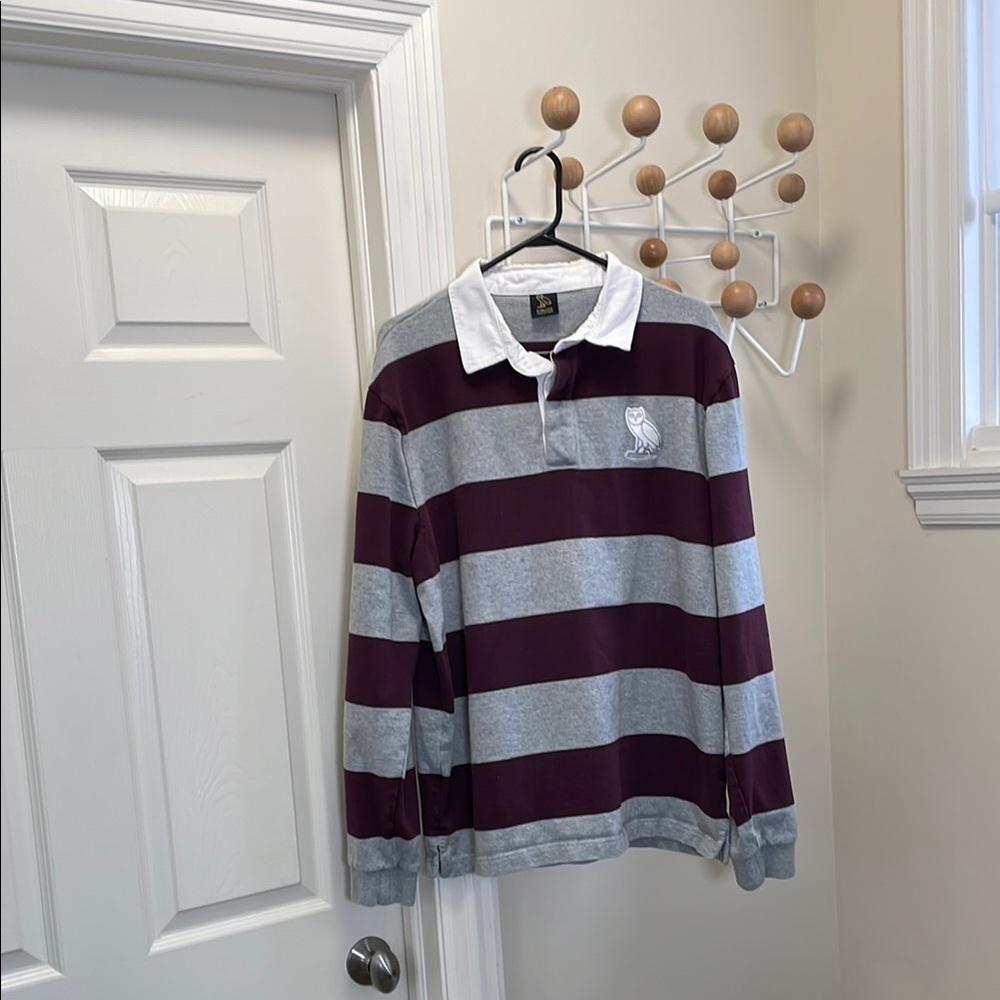 OVO - Classic Rugby Long Sleeve Collar Shirt - Grey / Dark Red - XL